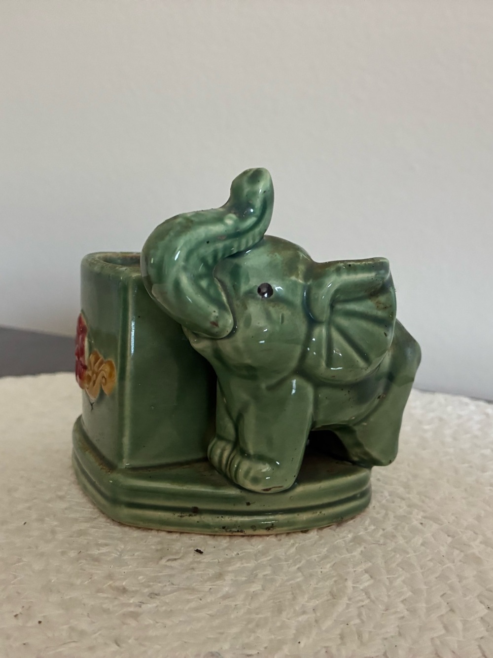 Vtg Majolica Style Lucky Elephant Trunks Up Planter For Bamboo MCM 000111008